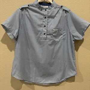 Vintage Lady Caribou Striped Shirt Red Blue No Collar USA Made XL 80s Style